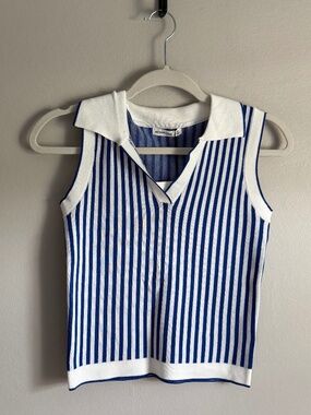 NWT Active USA Blue White Striped Sleeveless Polo Knit Top M